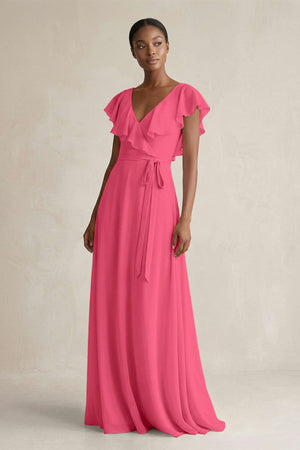 A-Line V-Neck Ruffled Sleeve Chiffon Bridesmaid Dress in Fuchsia - SHE IS ME BRIDESMAID DRESSES