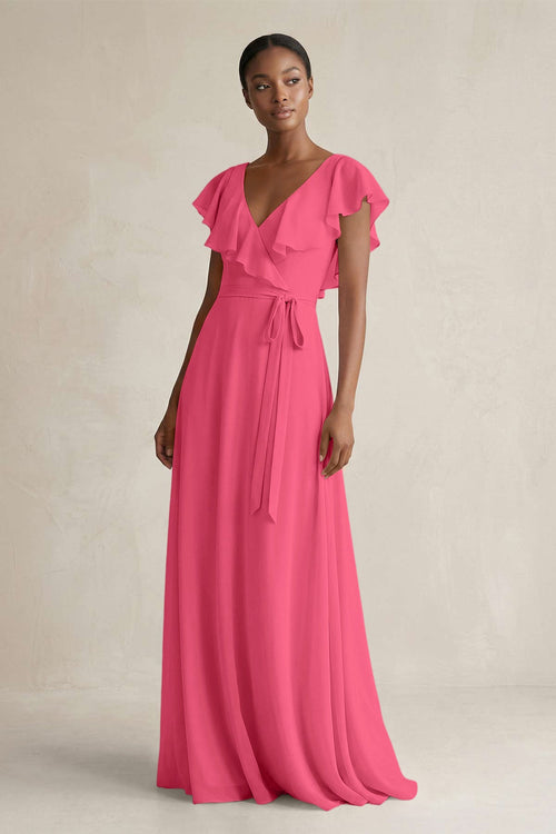 A-Line V-Neck Ruffled Sleeve Chiffon Bridesmaid Dress in Fuchsia - SHE IS ME BRIDESMAID DRESSES