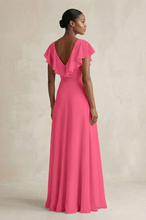 A-Line V-Neck Ruffled Sleeve Chiffon Bridesmaid Dress in Fuchsia - SHE IS ME BRIDESMAID DRESSES