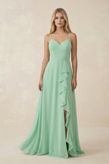 Ruffled Hem A-Line Chiffon Bridesmaid Dress in Pale Pistachio - KISS BRIDAL BRIDESMAID DRESSES
