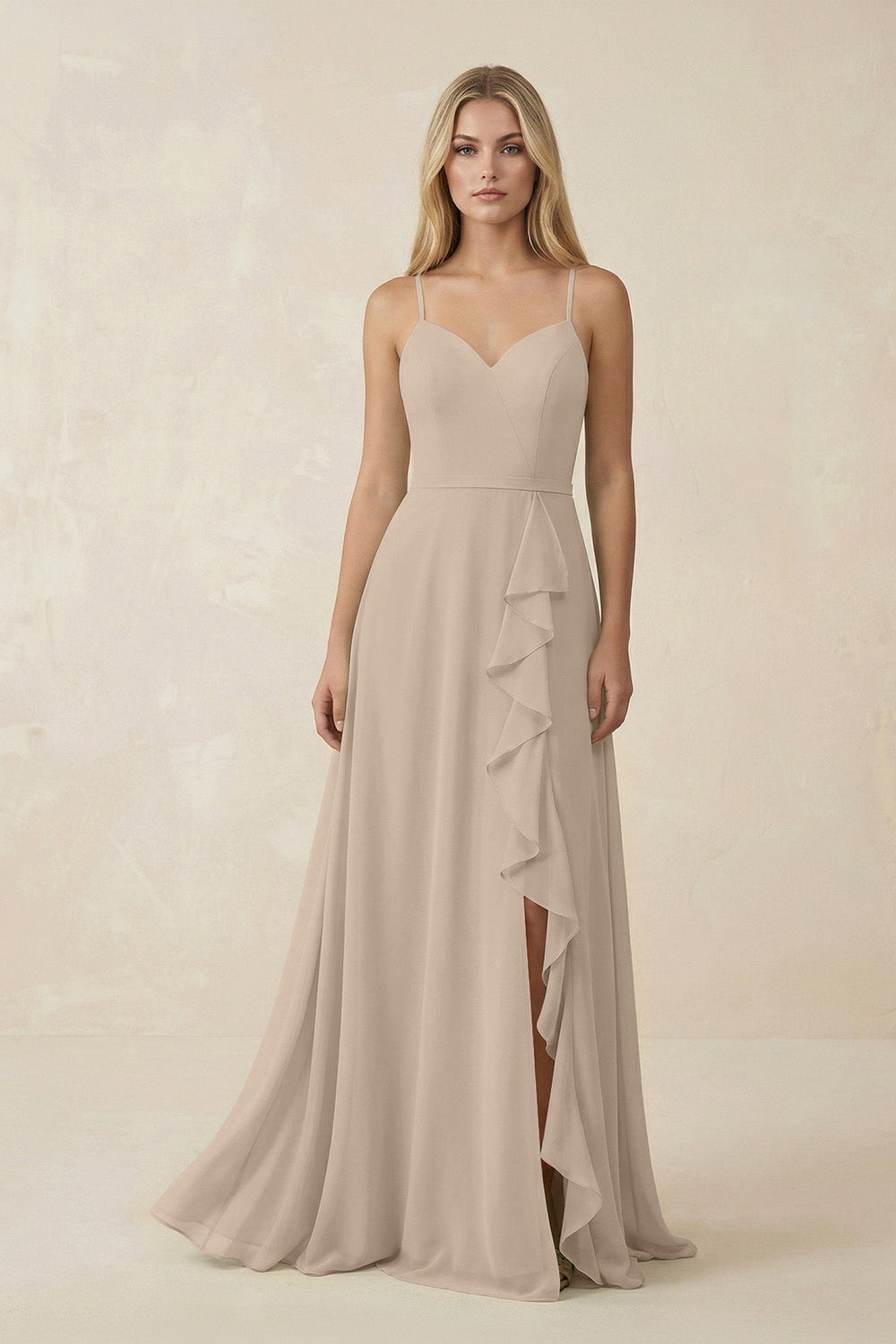 Ruffled Hem A-Line Chiffon Bridesmaid Dress in Almond - KISS BRIDAL BRIDESMAID DRESSES