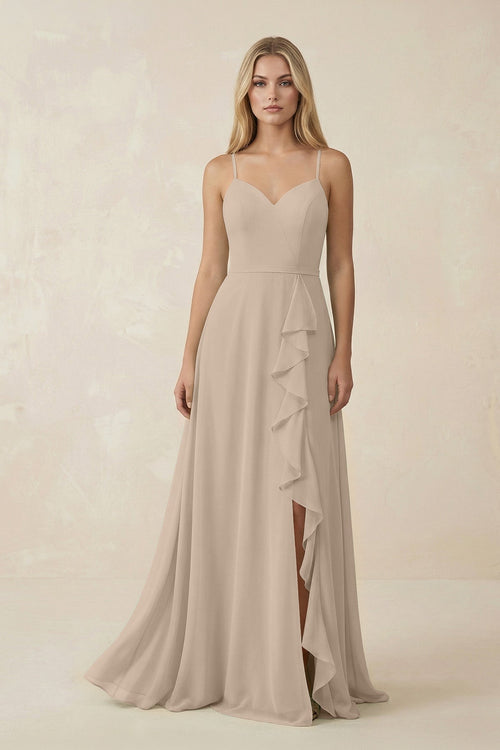 Ruffled Hem A-Line Chiffon Bridesmaid Dress in Almond - SHE IS ME BRIDESMAID DRESSES