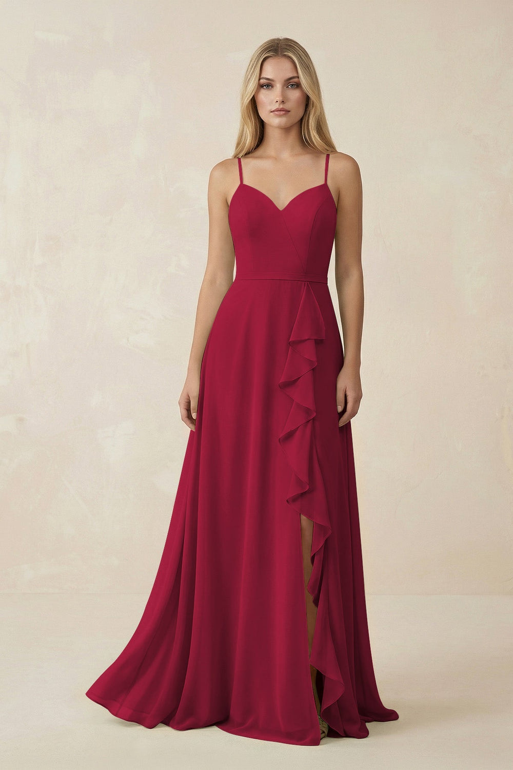 Ruffled Hem A-Line Chiffon Bridesmaid Dress in Berry - KISS BRIDAL BRIDESMAID DRESSES