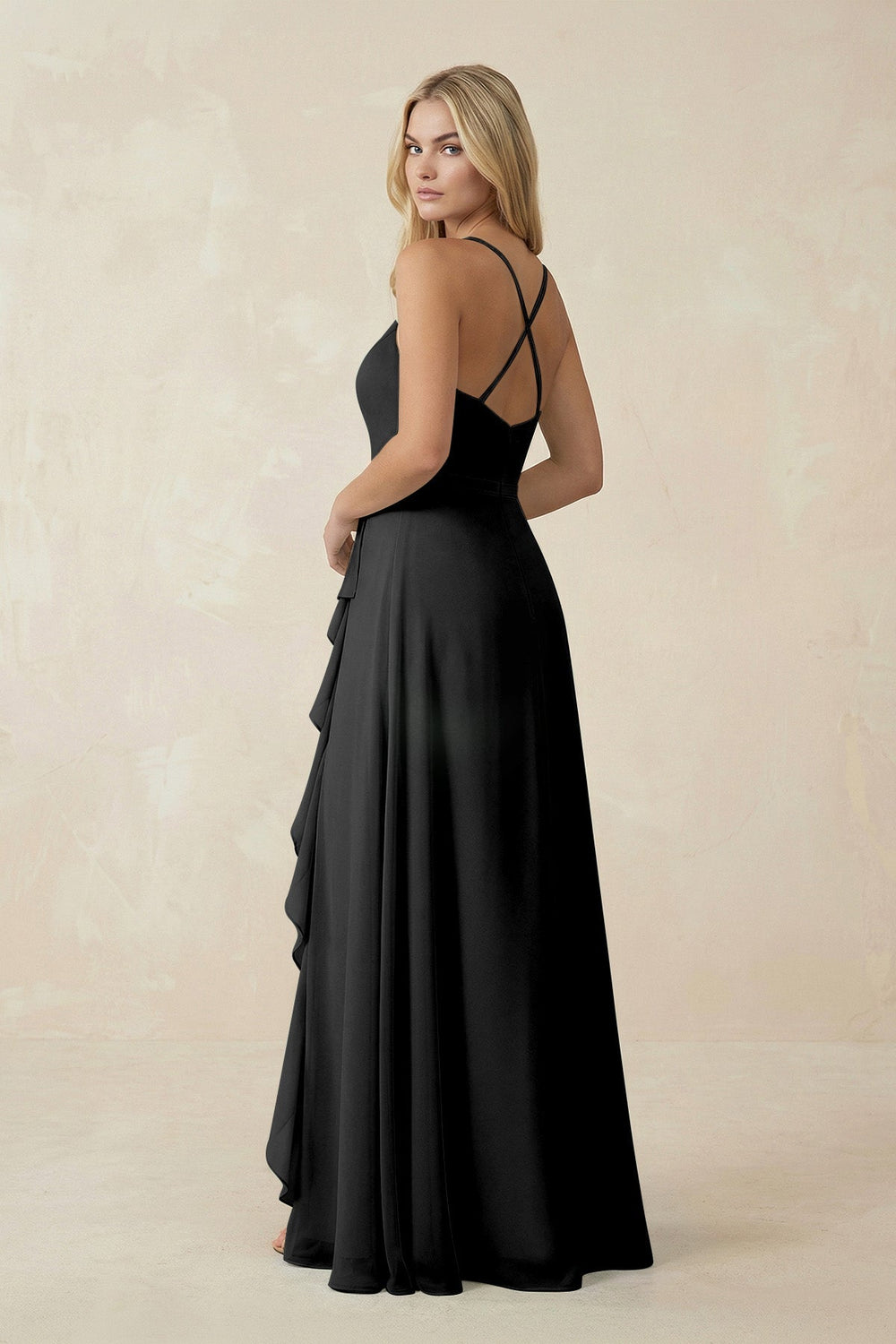 Ruffled Hem A-Line Chiffon Bridesmaid Dress in Black - KISS BRIDAL BRIDESMAID DRESSES