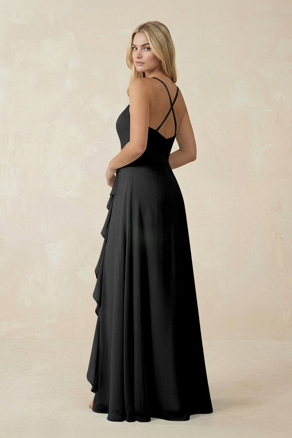 Ruffled Hem A-Line Chiffon Bridesmaid Dress in Black - SHE IS ME BRIDESMAID DRESSES