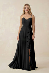 Ruffled Hem A-Line Chiffon Bridesmaid Dress in Black - KISS BRIDAL BRIDESMAID DRESSES