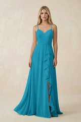 Ruffled Hem A-Line Chiffon Bridesmaid Dress in Blue Jay - KISS BRIDAL BRIDESMAID DRESSES