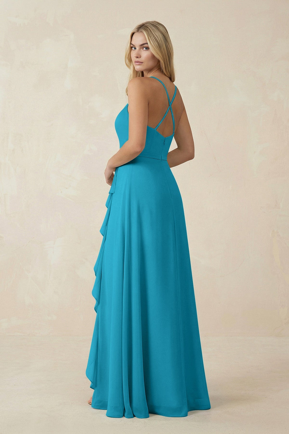 Ruffled Hem A-Line Chiffon Bridesmaid Dress in Blue Jay - KISS BRIDAL BRIDESMAID DRESSES
