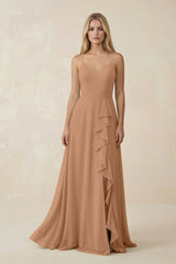 Ruffled Hem A-Line Chiffon Bridesmaid Dress in Bronzer - KISS BRIDAL BRIDESMAID DRESSES