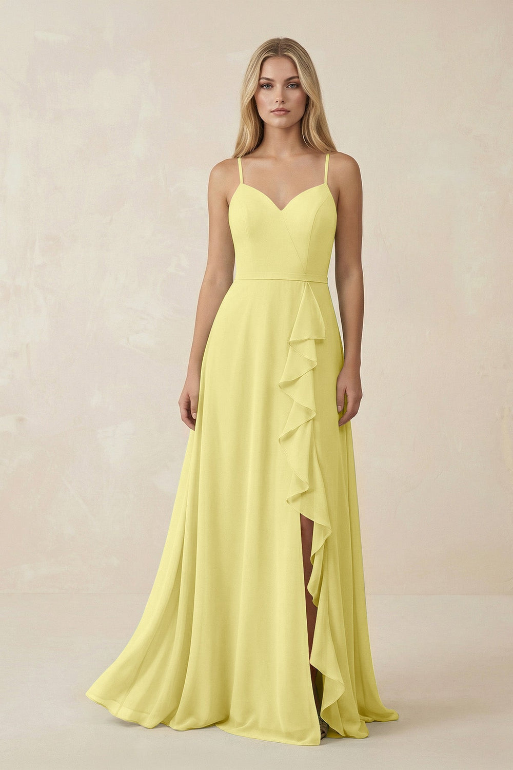 Ruffled Hem A-Line Chiffon Bridesmaid Dress in Buttercup - KISS BRIDAL BRIDESMAID DRESSES