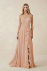 Ruffled Hem A-Line Chiffon Bridesmaid Dress in Champagne Rose - KISS BRIDAL BRIDESMAID DRESSES