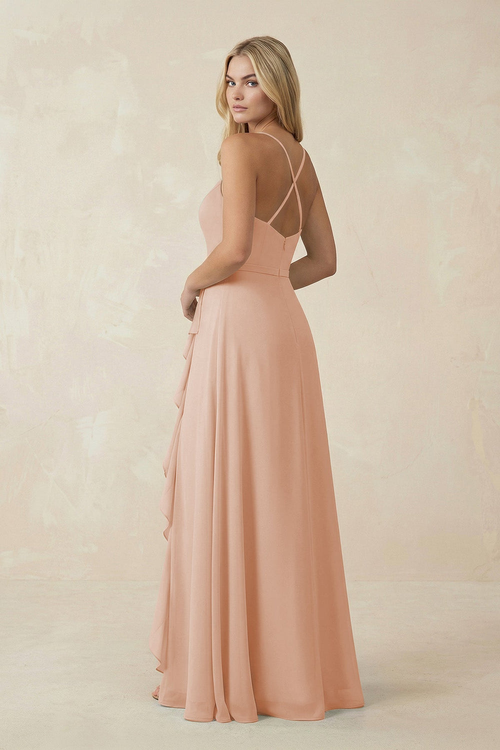 Ruffled Hem A-Line Chiffon Bridesmaid Dress in Champagne Rose - KISS BRIDAL BRIDESMAID DRESSES