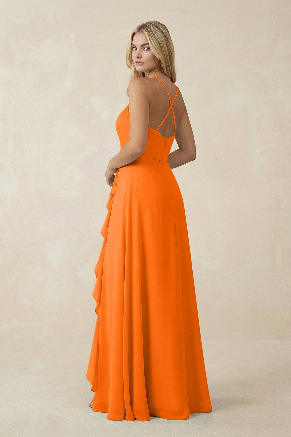 Ruffled Hem A-Line Chiffon Bridesmaid Dress in Cinnamon - KISS BRIDAL BRIDESMAID DRESSES