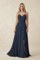 Ruffled Hem A-Line Chiffon Bridesmaid Dress in Dark Navy - SHE IS ME BRIDESMAID DRESSES