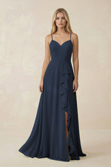 Ruffled Hem A-Line Chiffon Bridesmaid Dress in Dark Navy - KISS BRIDAL BRIDESMAID DRESSES