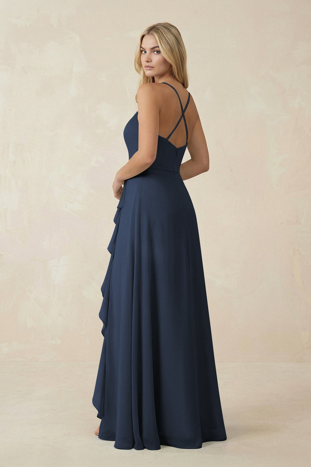 Ruffled Hem A-Line Chiffon Bridesmaid Dress in Dark Navy - KISS BRIDAL BRIDESMAID DRESSES