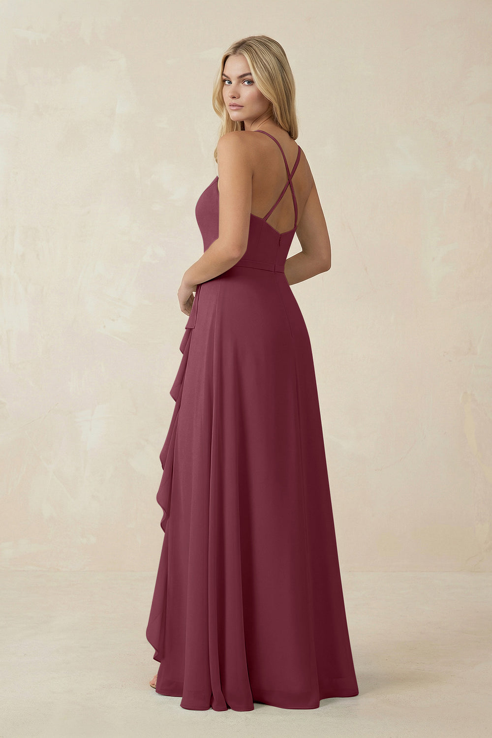Ruffled Hem A-Line Chiffon Bridesmaid Dress in Desert Rose