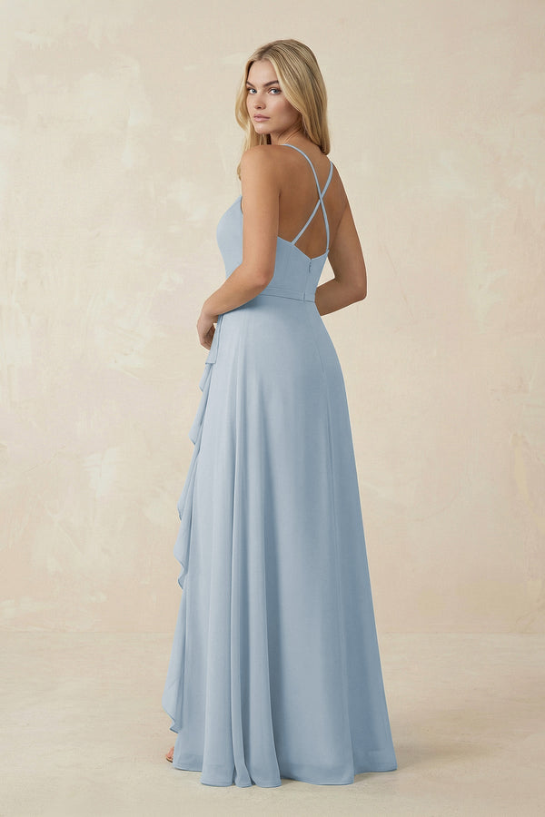 Ruffled Hem A-Line Chiffon Bridesmaid Dress in Dusty Blue - SHE IS ME BRIDESMAID DRESSES