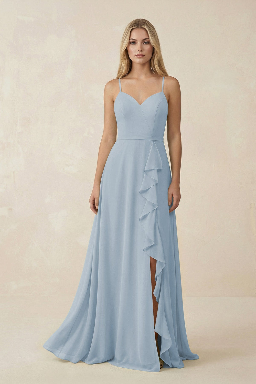 Ruffled Hem A-Line Chiffon Bridesmaid Dress in Dusty Blue - KISS BRIDAL BRIDESMAID DRESSES
