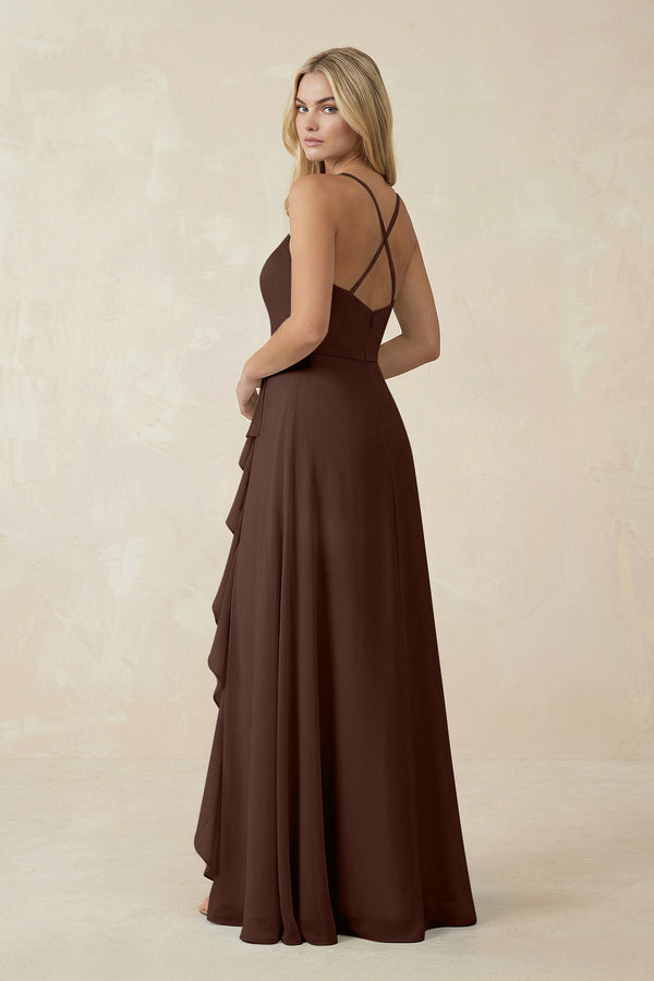Ruffled Hem A-Line Chiffon Bridesmaid Dress in Espresso - SHE IS ME BRIDESMAID DRESSES