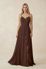 Ruffled Hem A-Line Chiffon Bridesmaid Dress in Espresso - KISS BRIDAL BRIDESMAID DRESSES