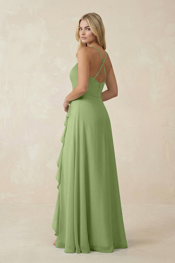 Ruffled Hem A-Line Chiffon Bridesmaid Dress in Matcha - SHE IS ME BRIDESMAID DRESSES