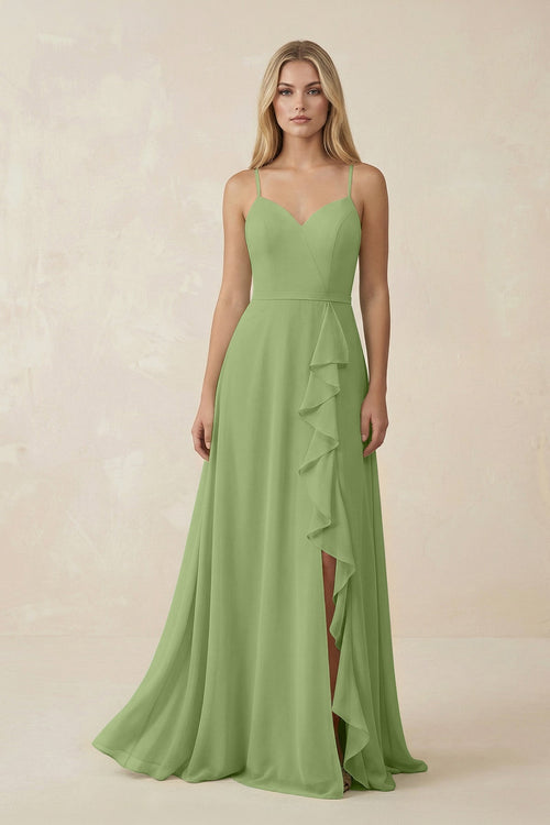 Ruffled Hem A-Line Chiffon Bridesmaid Dress in Matcha - SHE IS ME BRIDESMAID DRESSES
