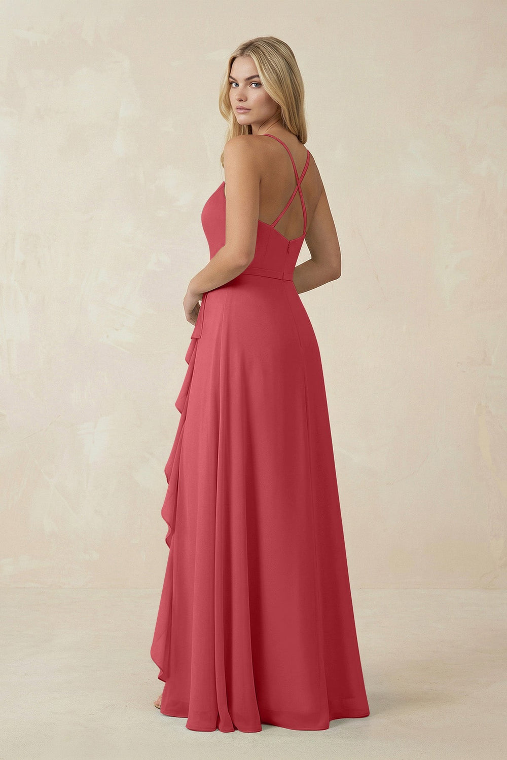 Ruffled Hem A-Line Chiffon Bridesmaid Dress in Merlot - KISS BRIDAL BRIDESMAID DRESSES