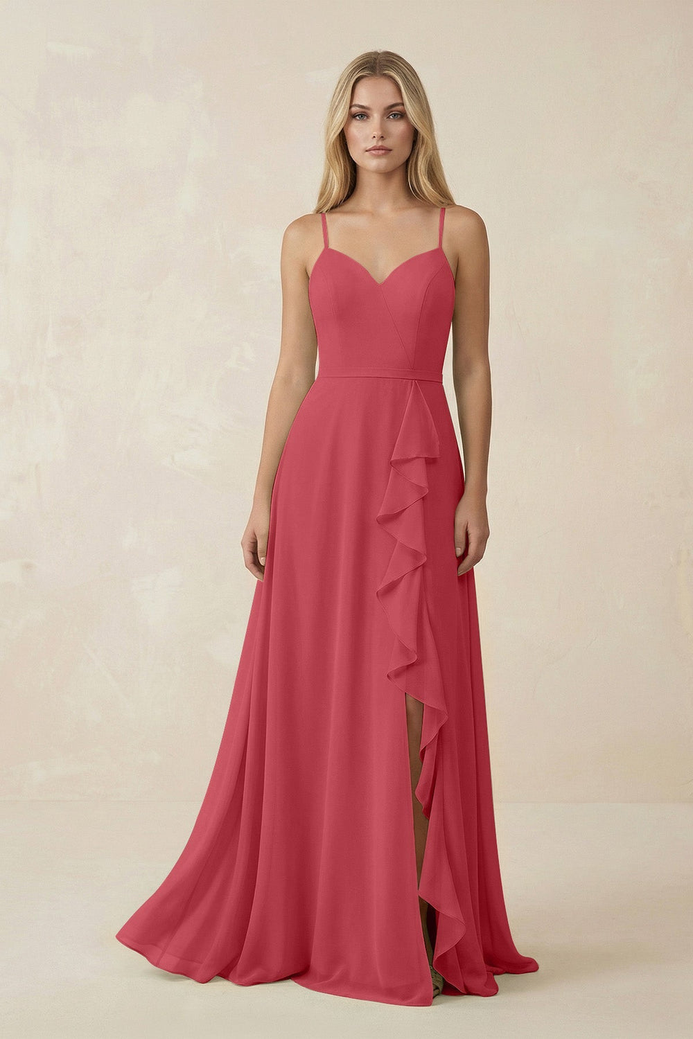 Ruffled Hem A-Line Chiffon Bridesmaid Dress in Merlot - KISS BRIDAL BRIDESMAID DRESSES