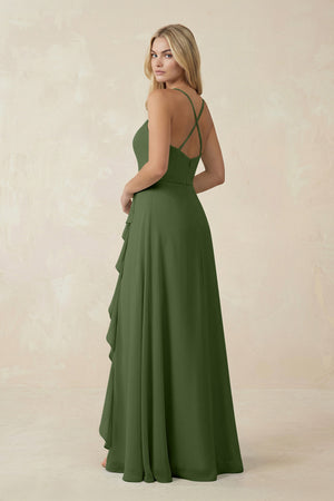 Ruffled Hem A-Line Chiffon Bridesmaid Dress in Moss (2) | KISSBRIDAL
