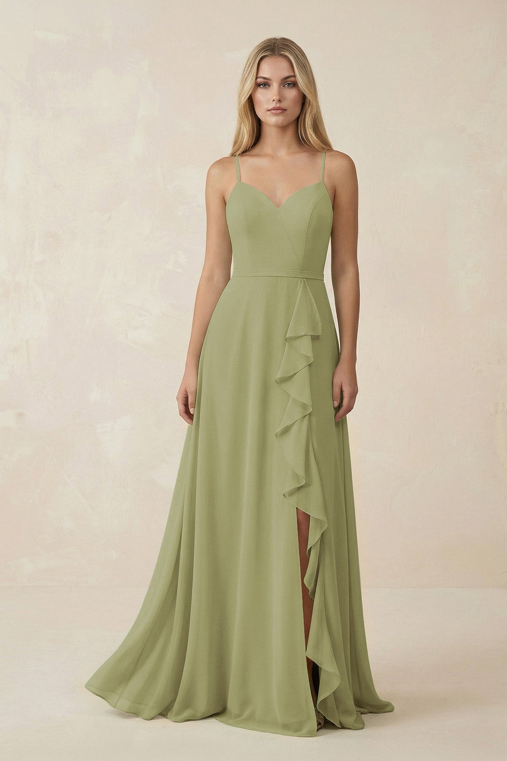 Ruffled Hem A-Line Chiffon Bridesmaid Dress in Moss Green - KISS BRIDAL BRIDESMAID DRESSES