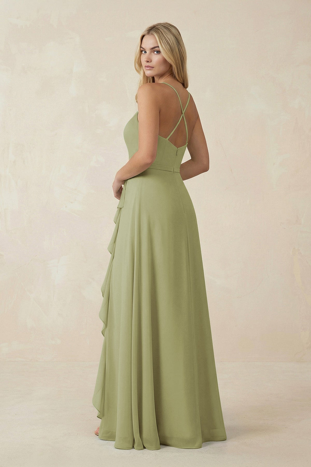 Ruffled Hem A-Line Chiffon Bridesmaid Dress in Moss Green - KISS BRIDAL BRIDESMAID DRESSES