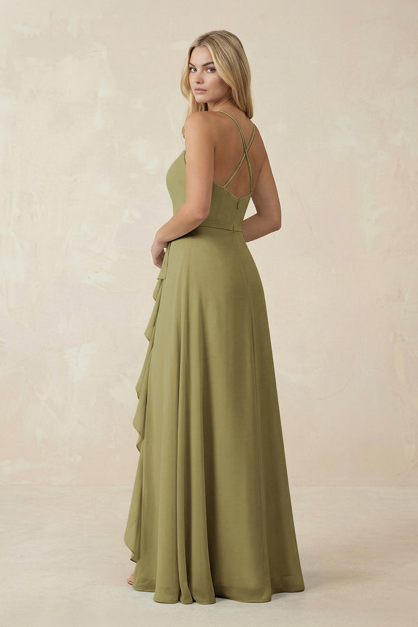 Ruffled Hem A-Line Chiffon Bridesmaid Dress in Moss Green (2) | KISSBRIDAL