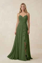 Ruffled Hem A-Line Chiffon Bridesmaid Dress in Moss | KISSBRIDAL