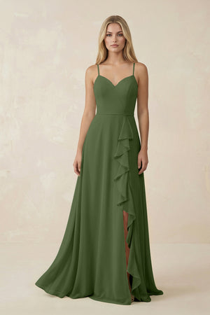 Ruffled Hem A-Line Chiffon Bridesmaid Dress in Moss | KISSBRIDAL