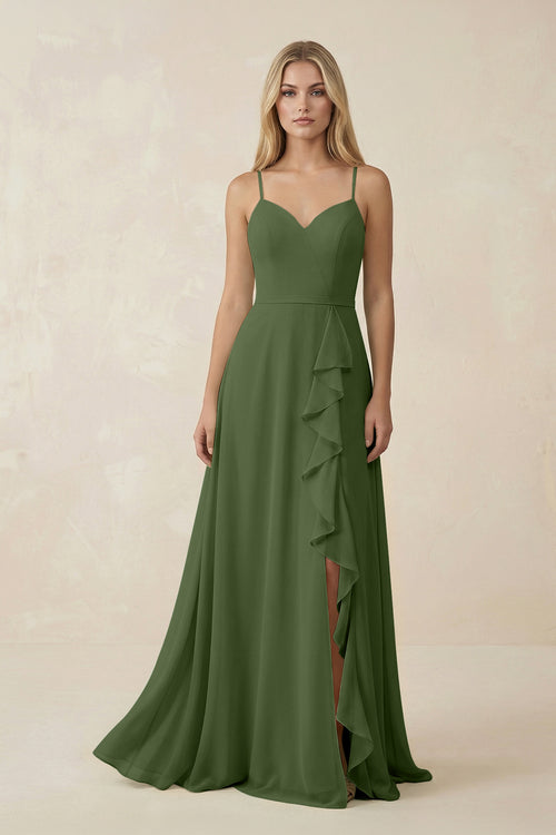Ruffled Hem A-Line Chiffon Bridesmaid Dress in Moss | KISSBRIDAL