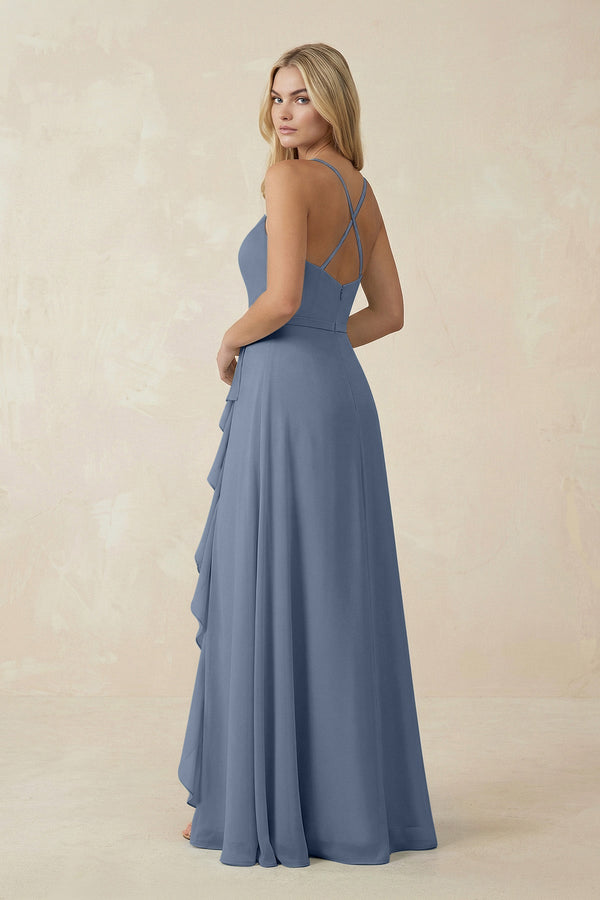 Ruffled Hem A-Line Chiffon Bridesmaid Dress in Neptune - SHE IS ME BRIDESMAID DRESSES