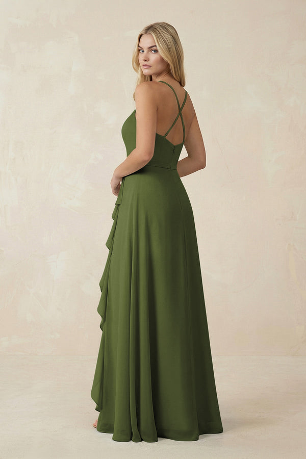 Ruffled Hem A-Line Chiffon Bridesmaid Dress in Olive - SHE IS ME BRIDESMAID DRESSES