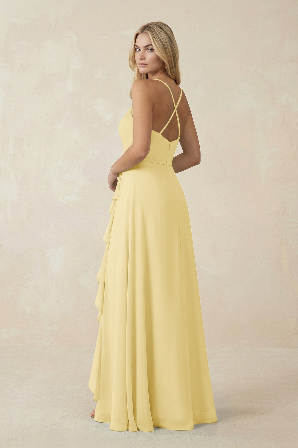 Ruffled Hem A-Line Chiffon Bridesmaid Dress in Pastel Yellow - KISS BRIDAL BRIDESMAID DRESSES