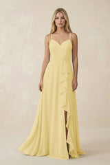 Ruffled Hem A-Line Chiffon Bridesmaid Dress in Pastel Yellow - KISS BRIDAL BRIDESMAID DRESSES