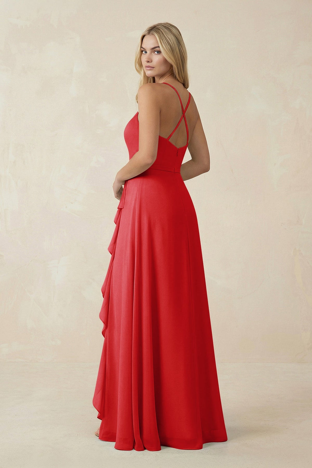 Ruffled Hem A-Line Chiffon Bridesmaid Dress in Ruby Red - KISS BRIDAL BRIDESMAID DRESSES