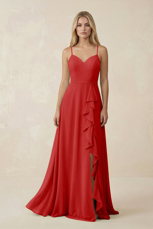 Ruffled Hem A-Line Chiffon Bridesmaid Dress in Ruby Red - SHE IS ME BRIDESMAID DRESSES