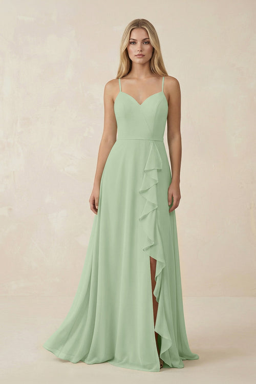 Ruffled Hem A-Line Chiffon Bridesmaid Dress in Sage - SHE IS ME BRIDESMAID DRESSES