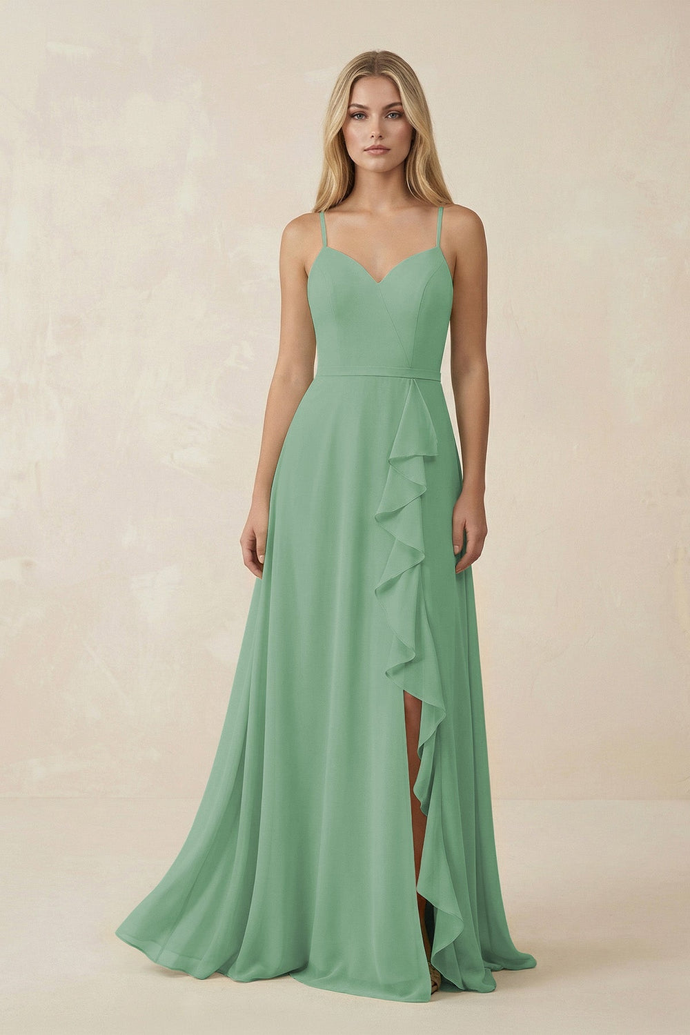 Ruffled Hem A-Line Chiffon Bridesmaid Dress in Sea Glass - KISS BRIDAL BRIDESMAID DRESSES