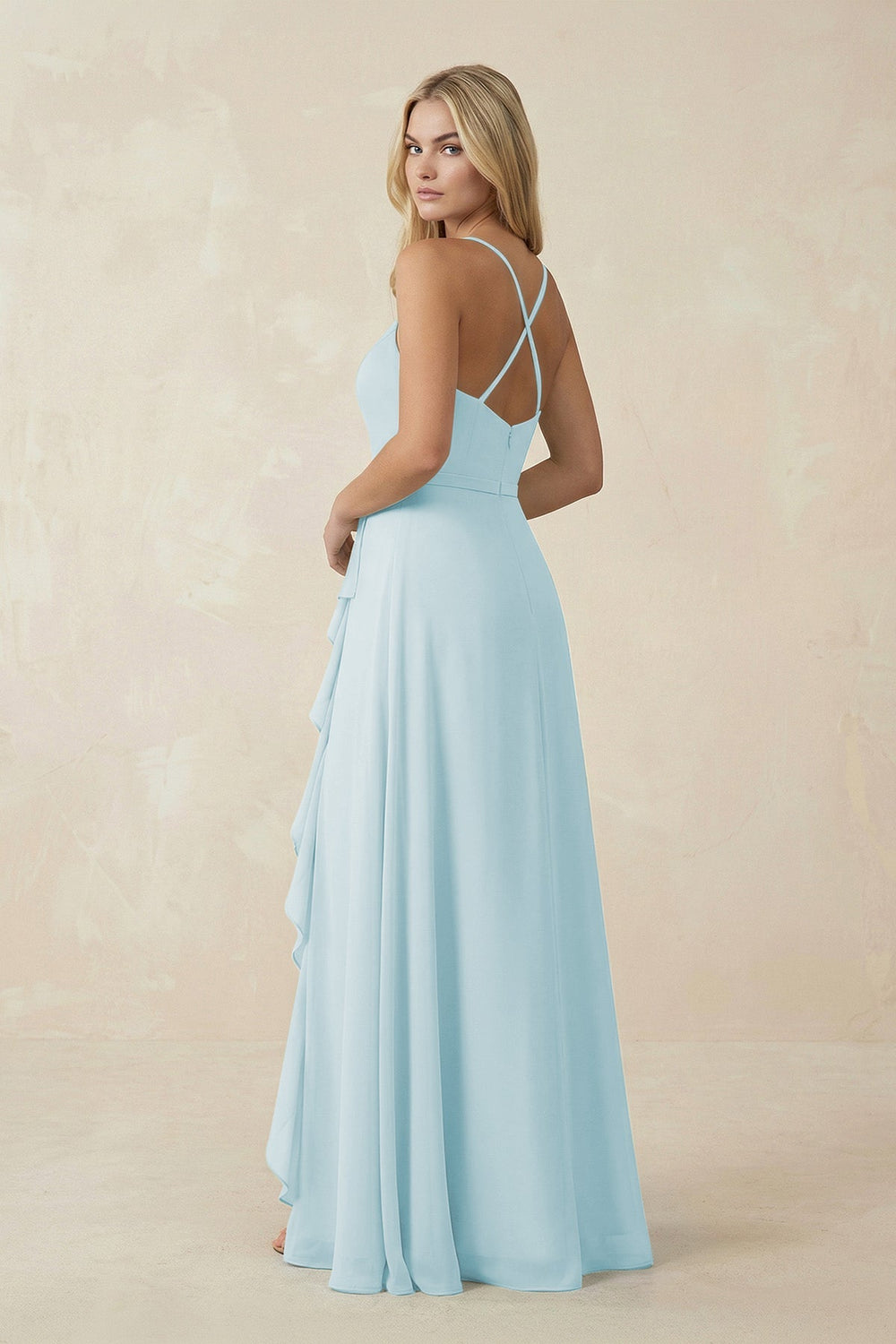 Ruffled Hem A-Line Chiffon Bridesmaid Dress in Sky Blue - KISS BRIDAL BRIDESMAID DRESSES
