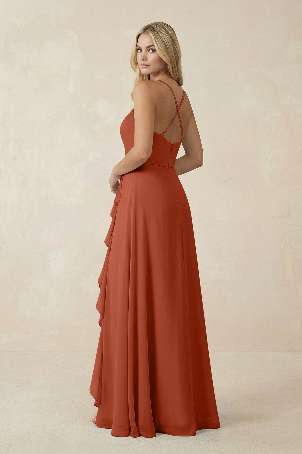 Ruffled Hem A-Line Chiffon Bridesmaid Dress in Spice - KISS BRIDAL BRIDESMAID DRESSES