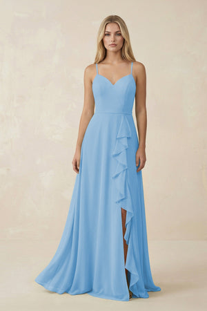 Ruffled Hem A-Line Chiffon Bridesmaid Dress in Steel Blue - SHE IS ME BRIDESMAID DRESSES