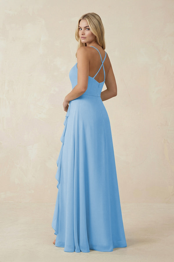 Ruffled Hem A-Line Chiffon Bridesmaid Dress in Steel Blue - SHE IS ME BRIDESMAID DRESSES