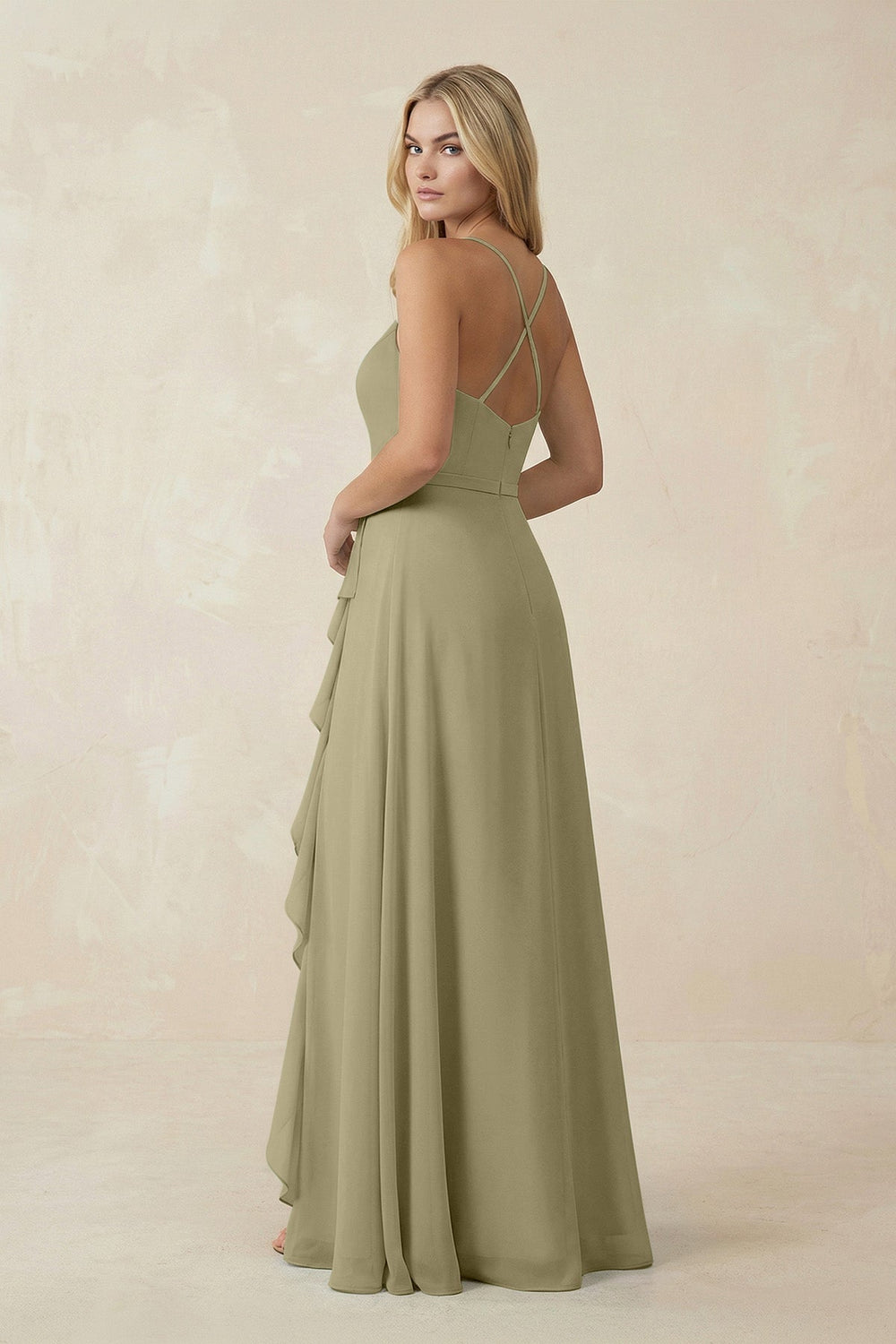 Ruffled Hem A-Line Chiffon Bridesmaid Dress in Thyme - KISS BRIDAL BRIDESMAID DRESSES