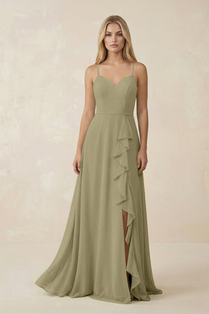 Ruffled Hem A-Line Chiffon Bridesmaid Dress in Thyme - SHE IS ME BRIDESMAID DRESSES